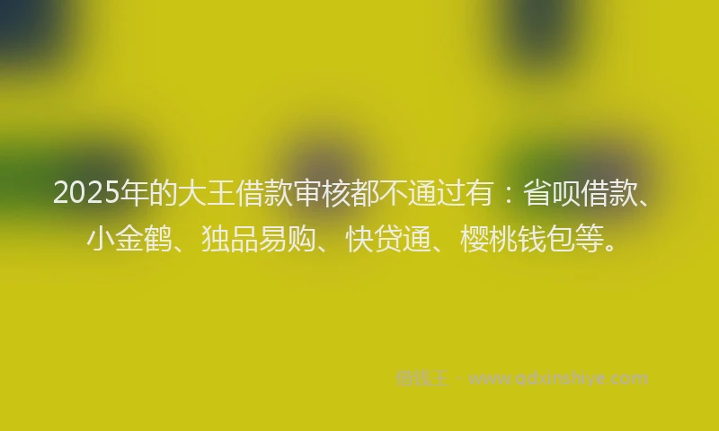 2025年的大王借款审核都不通过有：省呗借款、小金鹤、独品易购、快贷通、樱桃钱包等。