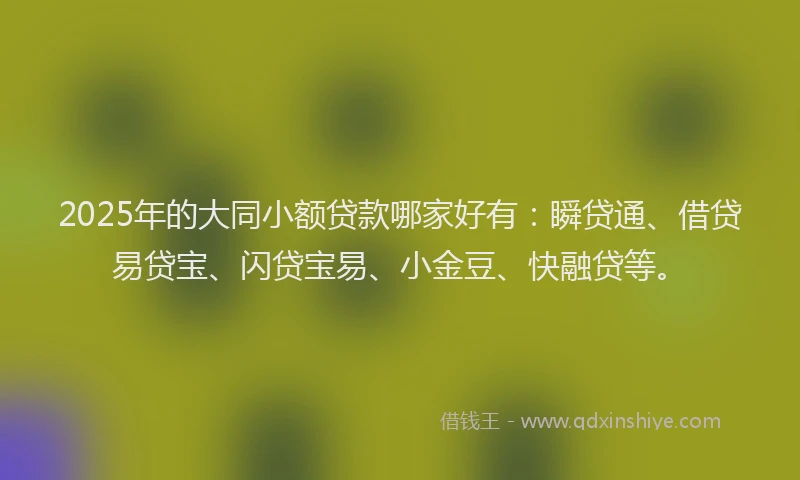 2025年的大同小额贷款哪家好有：瞬贷通、借贷易贷宝、闪贷宝易、小金豆、快融贷等。
