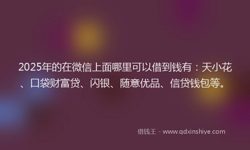 2025年的在微信上面哪里可以借到钱有：天小花、口袋财富贷、闪银、随意优品、信贷钱包等。