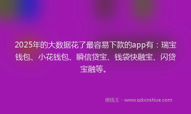 2025年的大数据花了最容易下款的app有：瑞宝钱包、小花钱包、瞬信贷宝、钱袋快融宝、闪贷宝融等。
