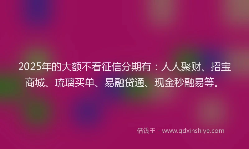 2025年的大额不看征信分期有：人人聚财、招宝商城、琉璃买单、易融贷通、现金秒融易等。