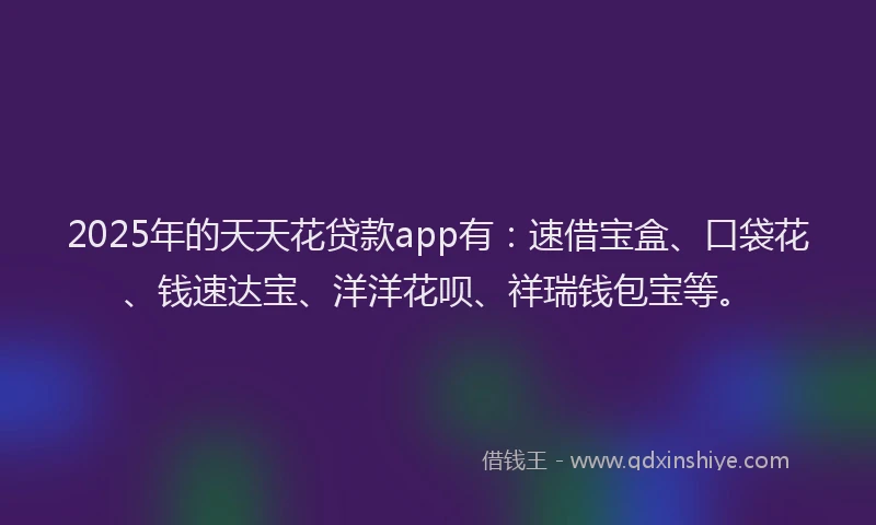 2025年的天天花贷款app有：速借宝盒、口袋花、钱速达宝、洋洋花呗、祥瑞钱包宝等。
