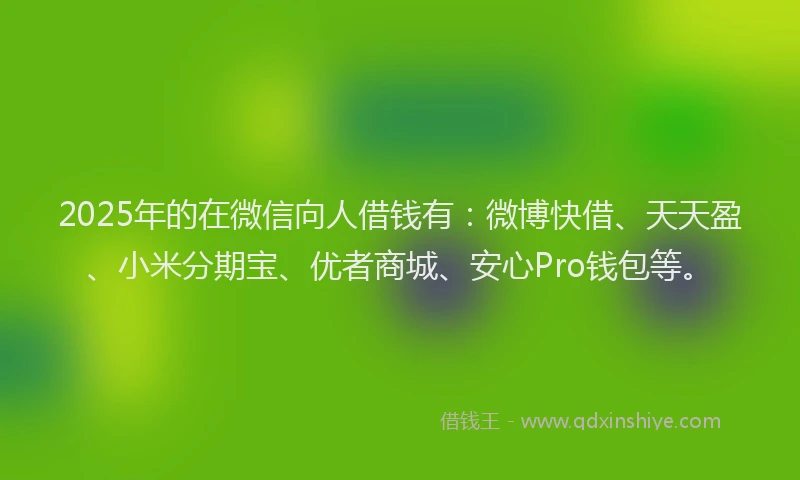 2025年的在微信向人借钱有：微博快借、天天盈、小米分期宝、优者商城、安心Pro钱包等。