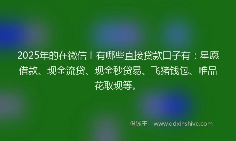 2025年的在微信上有哪些直接贷款口子有：星愿借款、现金流贷、现金秒贷易、飞猪钱包、唯品花取现等。