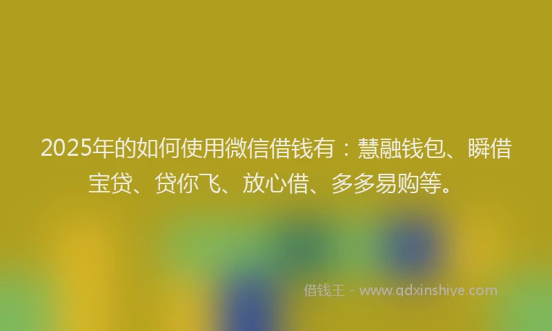 2025年的如何使用微信借钱有：慧融钱包、瞬借宝贷、贷你飞、放心借、多多易购等。