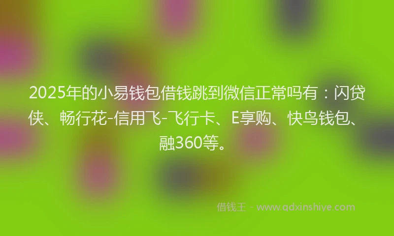 2025年的小易钱包借钱跳到微信正常吗有：闪贷侠、畅行花-信用飞-飞行卡、E享购、快鸟钱包、融360等。