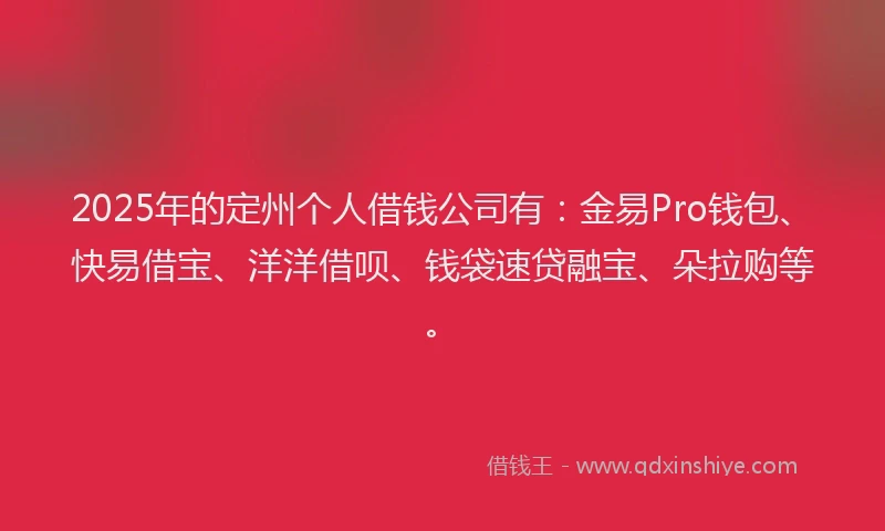 2025年的定州个人借钱公司有：金易Pro钱包、快易借宝、洋洋借呗、钱袋速贷融宝、朵拉购等。