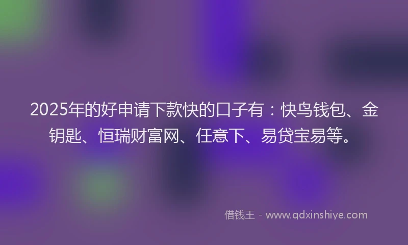 2025年的好申请下款快的口子有：快鸟钱包、金钥匙、恒瑞财富网、任意下、易贷宝易等。
