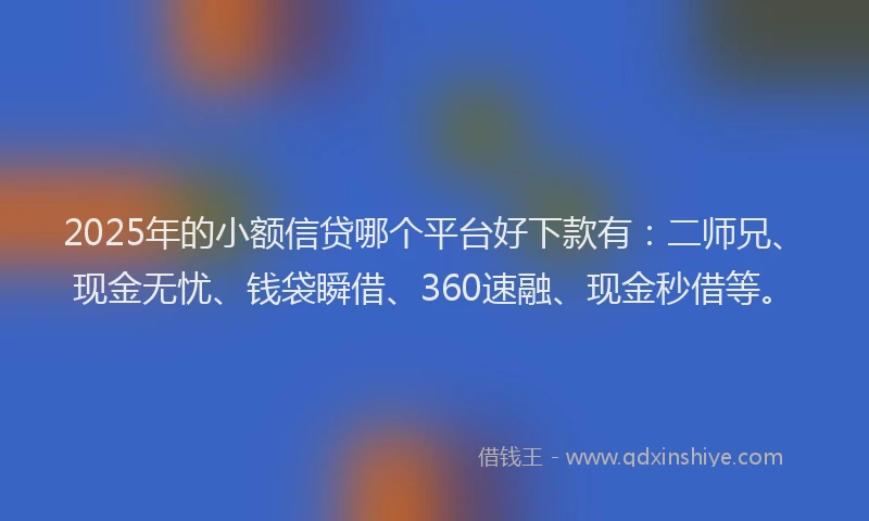 2025年的小额信贷哪个平台好下款有：二师兄、现金无忧、钱袋瞬借、360速融、现金秒借等。