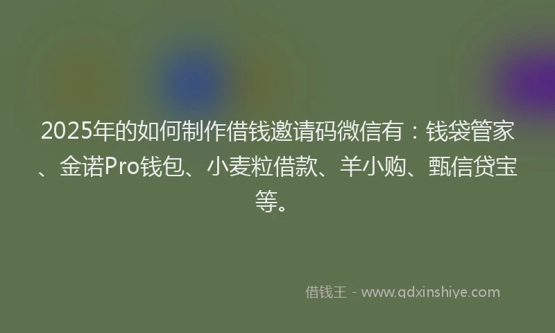2025年的如何制作借钱邀请码微信有：钱袋管家、金诺Pro钱包、小麦粒借款、羊小购、甄信贷宝等。