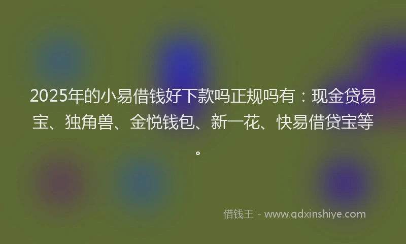 2025年的小易借钱好下款吗正规吗有：现金贷易宝、独角兽、金悦钱包、新一花、快易借贷宝等。