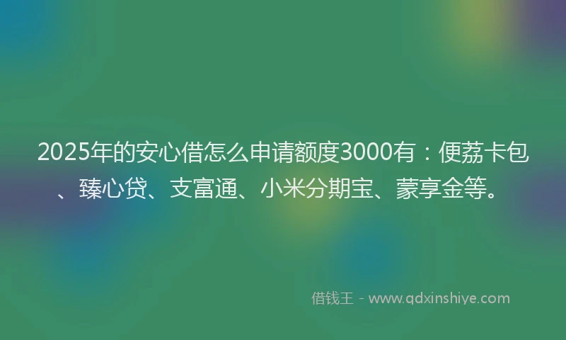 2025年的安心借怎么申请额度3000有:便荔卡包、臻心贷、支富通、小米分期宝、蒙享金等。