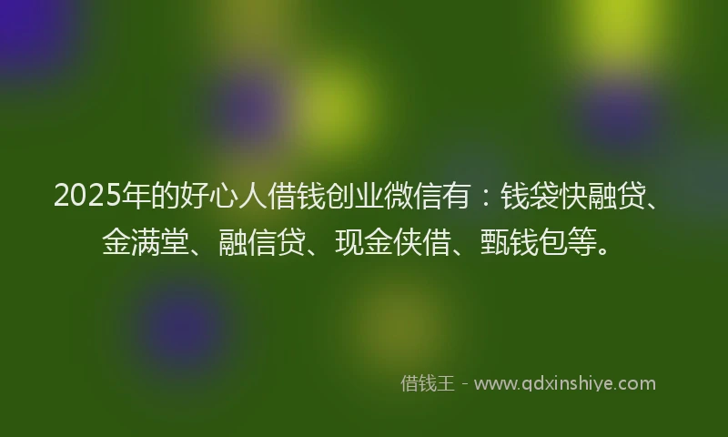 2025年的好心人借钱创业微信有：钱袋快融贷、金满堂、融信贷、现金侠借、甄钱包等。