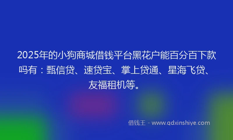 2025年的小狗商城借钱平台黑花户能百分百下款吗有：甄信贷、速贷宝、掌上贷通、星海飞贷、友福租机等。