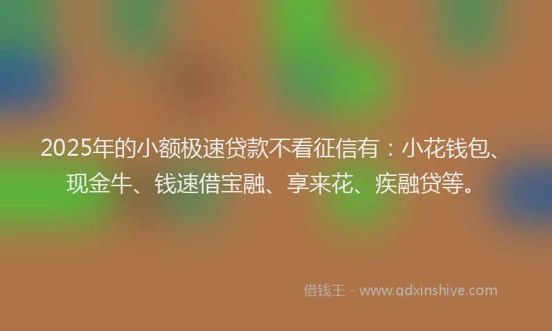 2025年的小额极速贷款不看征信有：小花钱包、现金牛、钱速借宝融、享来花、疾融贷等。