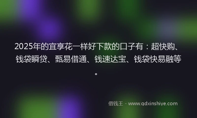 2025年的宜享花一样好下款的口子有：超快购、钱袋瞬贷、甄易借通、钱速达宝、钱袋快易融等。