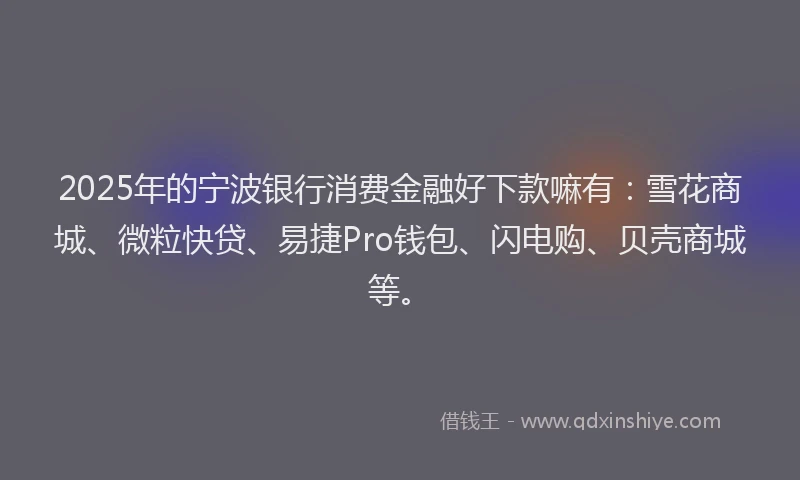 2025年的宁波银行消费金融好下款嘛有：雪花商城、微粒快贷、易捷Pro钱包、闪电购、贝壳商城等。