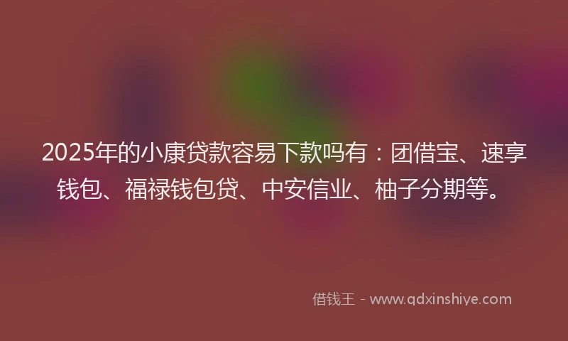 2025年的小康贷款容易下款吗有：团借宝、速享钱包、福禄钱包贷、中安信业、柚子分期等。