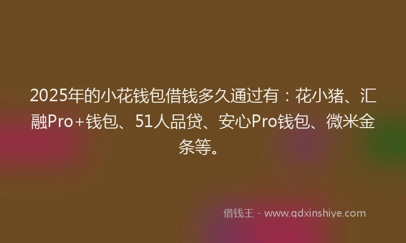 2025年的小花钱包借钱多久通过有：花小猪、汇融Pro+钱包、51人品贷、安心Pro钱包、微米金条等。