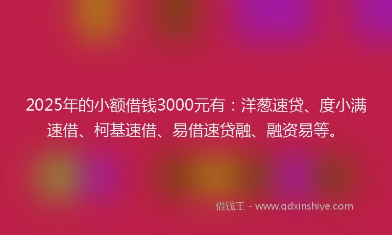 2025年的小额借钱3000元有：洋葱速贷、度小满速借、柯基速借、易借速贷融、融资易等。