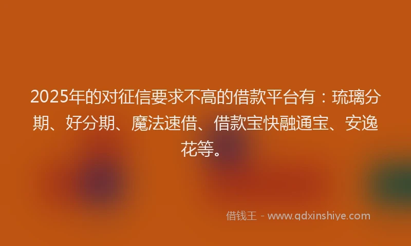 2025年的对征信要求不高的借款平台有：琉璃分期、好分期、魔法速借、借款宝快融通宝、安逸花等。