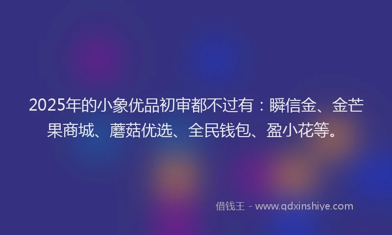2025年的小象优品初审都不过有：瞬信金、金芒果商城、蘑菇优选、全民钱包、盈小花等。