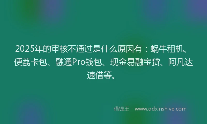 2025年的审核不通过是什么原因有：蜗牛租机、便荔卡包、融通Pro钱包、现金易融宝贷、阿凡达速借等。