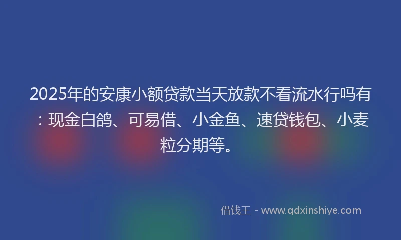 2025年的安康小额贷款当天放款不看流水行吗有：现金白鸽、可易借、小金鱼、速贷钱包、小麦粒分期等。