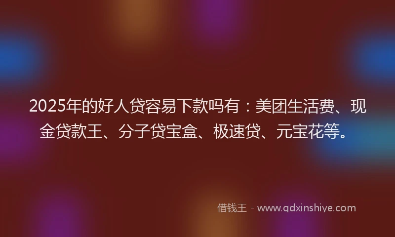 2025年的好人贷容易下款吗有：美团生活费、现金贷款王、分子贷宝盒、极速贷、元宝花等。