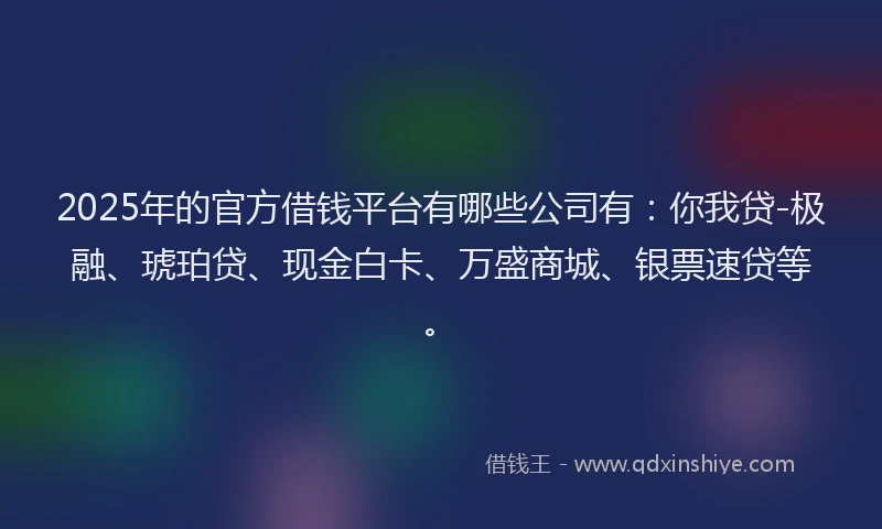 2025年的官方借钱平台有哪些公司有：你我贷-极融、琥珀贷、现金白卡、万盛商城、银票速贷等。