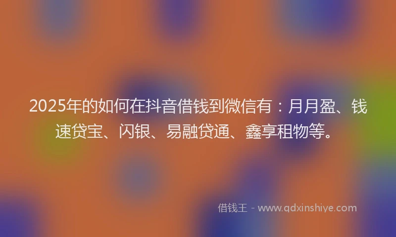 2025年的如何在抖音借钱到微信有：月月盈、钱速贷宝、闪银、易融贷通、鑫享租物等。