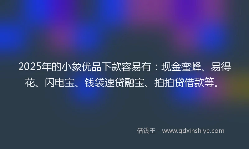 2025年的小象优品下款容易有：现金蜜蜂、易得花、闪电宝、钱袋速贷融宝、拍拍贷借款等。