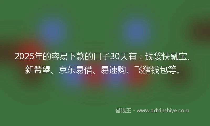 2025年的容易下款的口子30天有：钱袋快融宝、新希望、京东易借、易速购、飞猪钱包等。