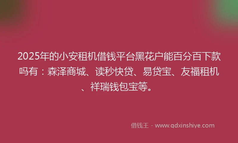 2025年的小安租机借钱平台黑花户能百分百下款吗有：森泽商城、读秒快贷、易贷宝、友福租机、祥瑞钱包宝等。