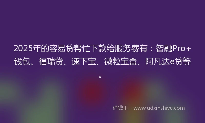 2025年的容易贷帮忙下款给服务费有：智融Pro+钱包、福瑞贷、速下宝、微粒宝盒、阿凡达e贷等。