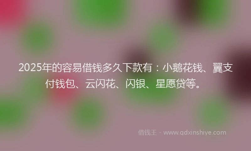 2025年的容易借钱多久下款有：小鹅花钱、翼支付钱包、云闪花、闪银、星愿贷等。