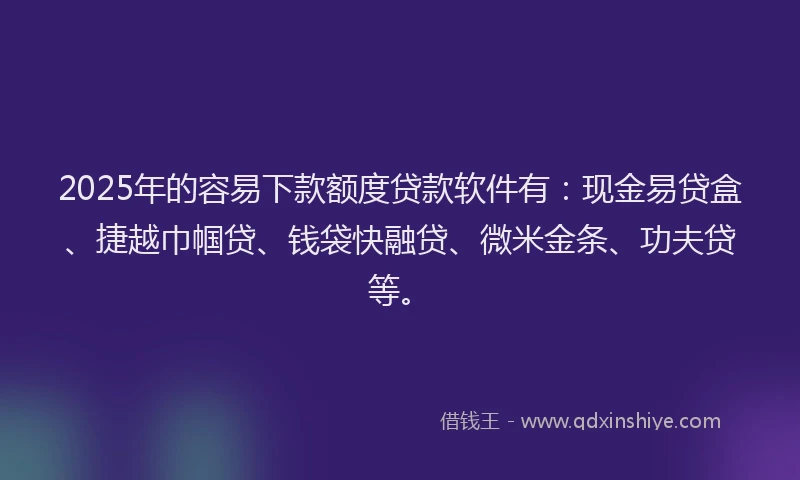 2025年的容易下款额度贷款软件有：现金易贷盒、捷越巾帼贷、钱袋快融贷、微米金条、功夫贷等。