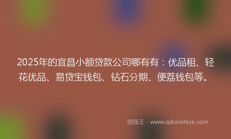 2025年的宜昌小额贷款公司哪有有：优品租、轻花优品、易贷宝钱包、钻石分期、便荔钱包等。