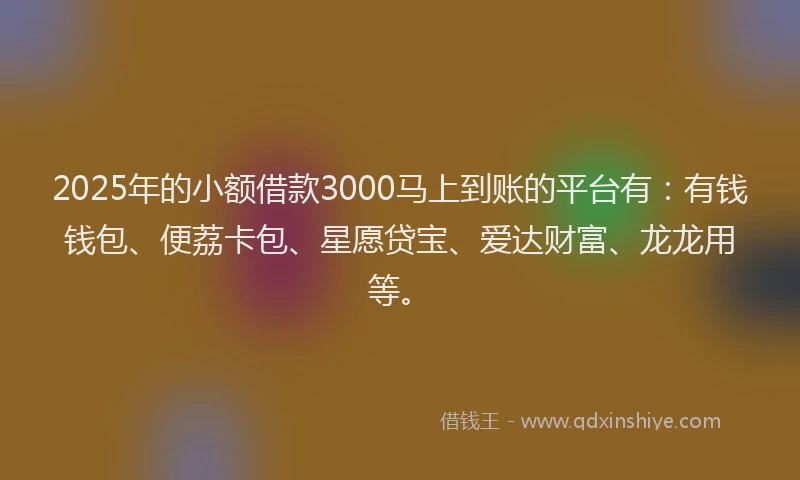 2025年的小额借款3000马上到账的平台有：有钱钱包、便荔卡包、星愿贷宝、爱达财富、龙龙用等。