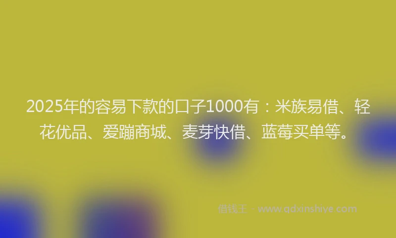 2025年的容易下款的口子1000有：米族易借、轻花优品、爱蹦商城、麦芽快借、蓝莓买单等。