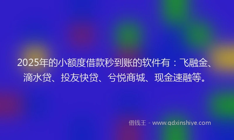 2025年的小额度借款秒到账的软件有：飞融金、滴水贷、投友快贷、兮悦商城、现金速融等。