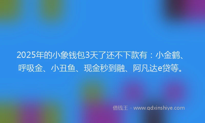 2025年的小象钱包3天了还不下款有：小金鹤、呼吸金、小丑鱼、现金秒到融、阿凡达e贷等。