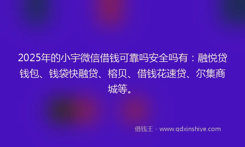 2025年的小宇微信借钱可靠吗安全吗有：融悦贷钱包、钱袋快融贷、榕贝、借钱花速贷、尔集商城等。