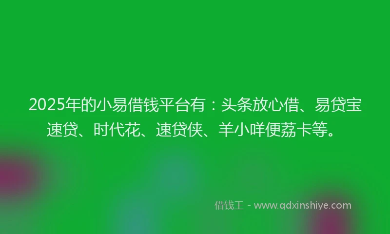 2025年的小易借钱平台有：头条放心借、易贷宝速贷、时代花、速贷侠、羊小咩便荔卡等。