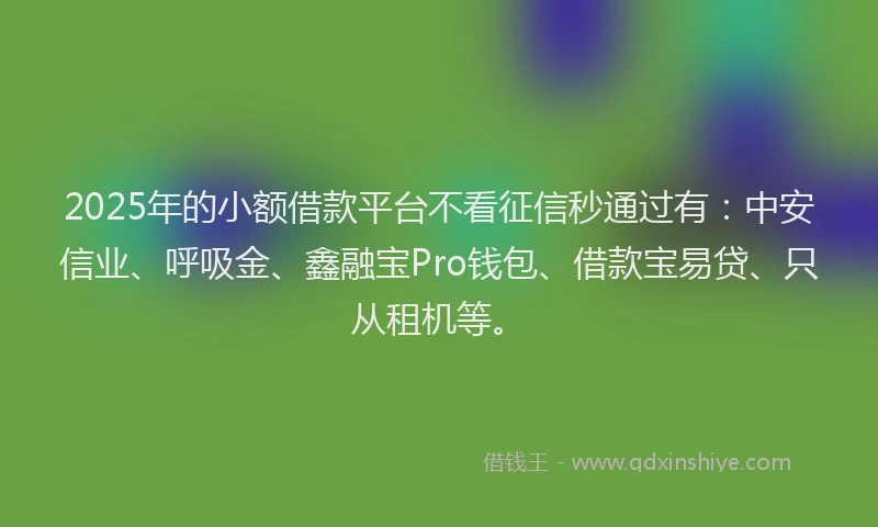 2025年的小额借款平台不看征信秒通过有：中安信业、呼吸金、鑫融宝Pro钱包、借款宝易贷、只从租机等。