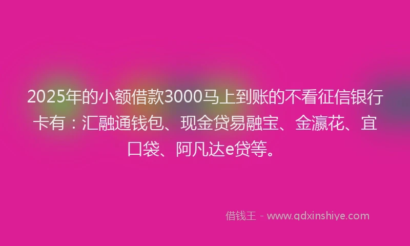 2025年的小额借款3000马上到账的不看征信银行卡有：汇融通钱包、现金贷易融宝、金瀛花、宜口袋、阿凡达e贷等。