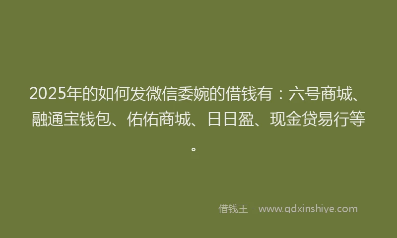 2025年的如何发微信委婉的借钱有：六号商城、融通宝钱包、佑佑商城、日日盈、现金贷易行等。