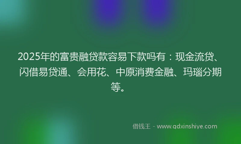 2025年的富贵融贷款容易下款吗有：现金流贷、闪借易贷通、会用花、中原消费金融、玛瑙分期等。