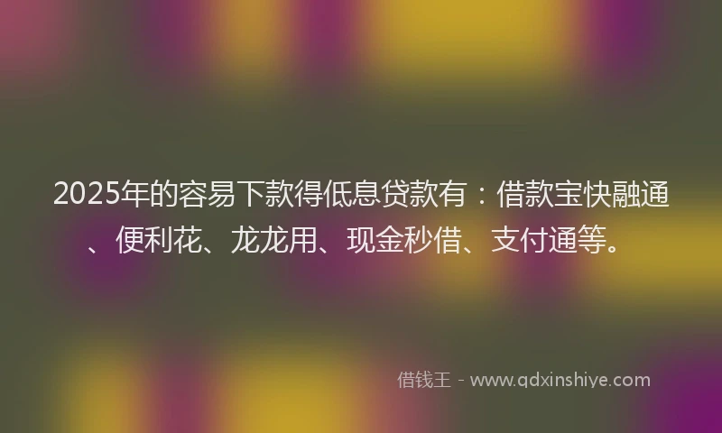 2025年的容易下款得低息贷款有：借款宝快融通、便利花、龙龙用、现金秒借、支付通等。
