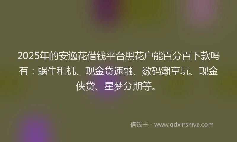 2025年的安逸花借钱平台黑花户能百分百下款吗有：蜗牛租机、现金贷速融、数码潮享玩、现金侠贷、星梦分期等。